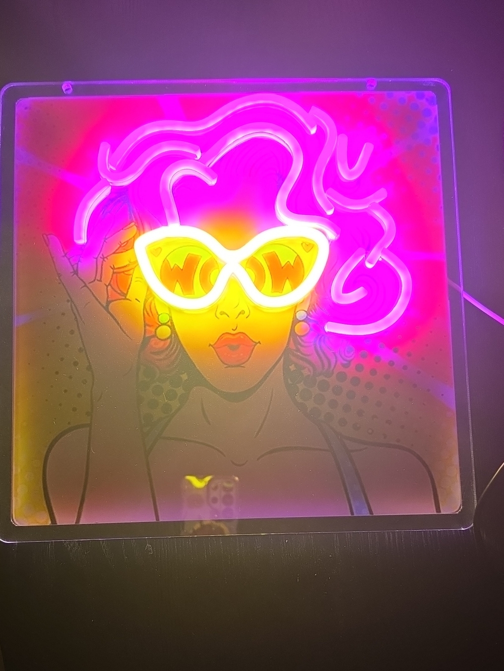 Neon Pop Art Wall Light - Pink & Yellow Girl With Glasses